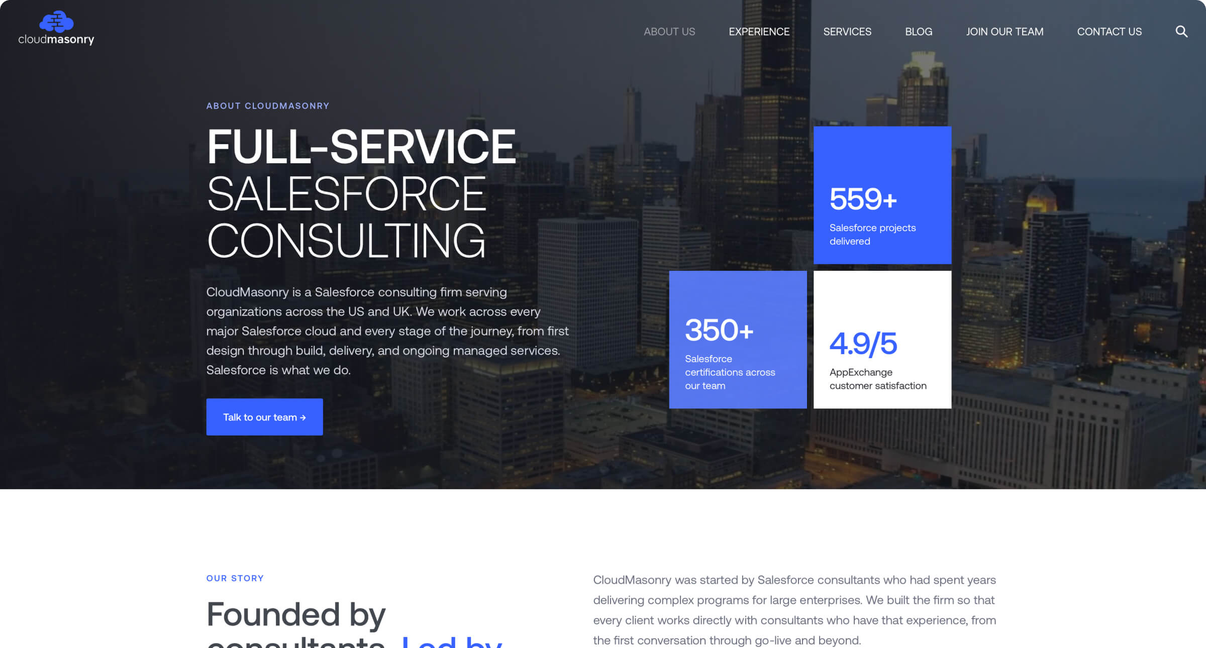 CloudMasonry company page with Salesforce consulting experience and project statistics