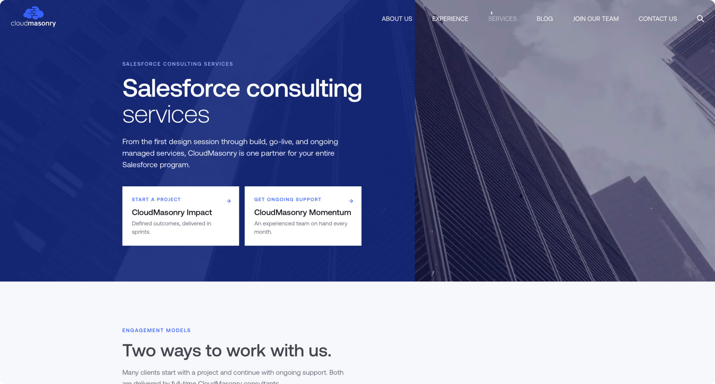 CloudMasonry Salesforce consulting services page with engagement options