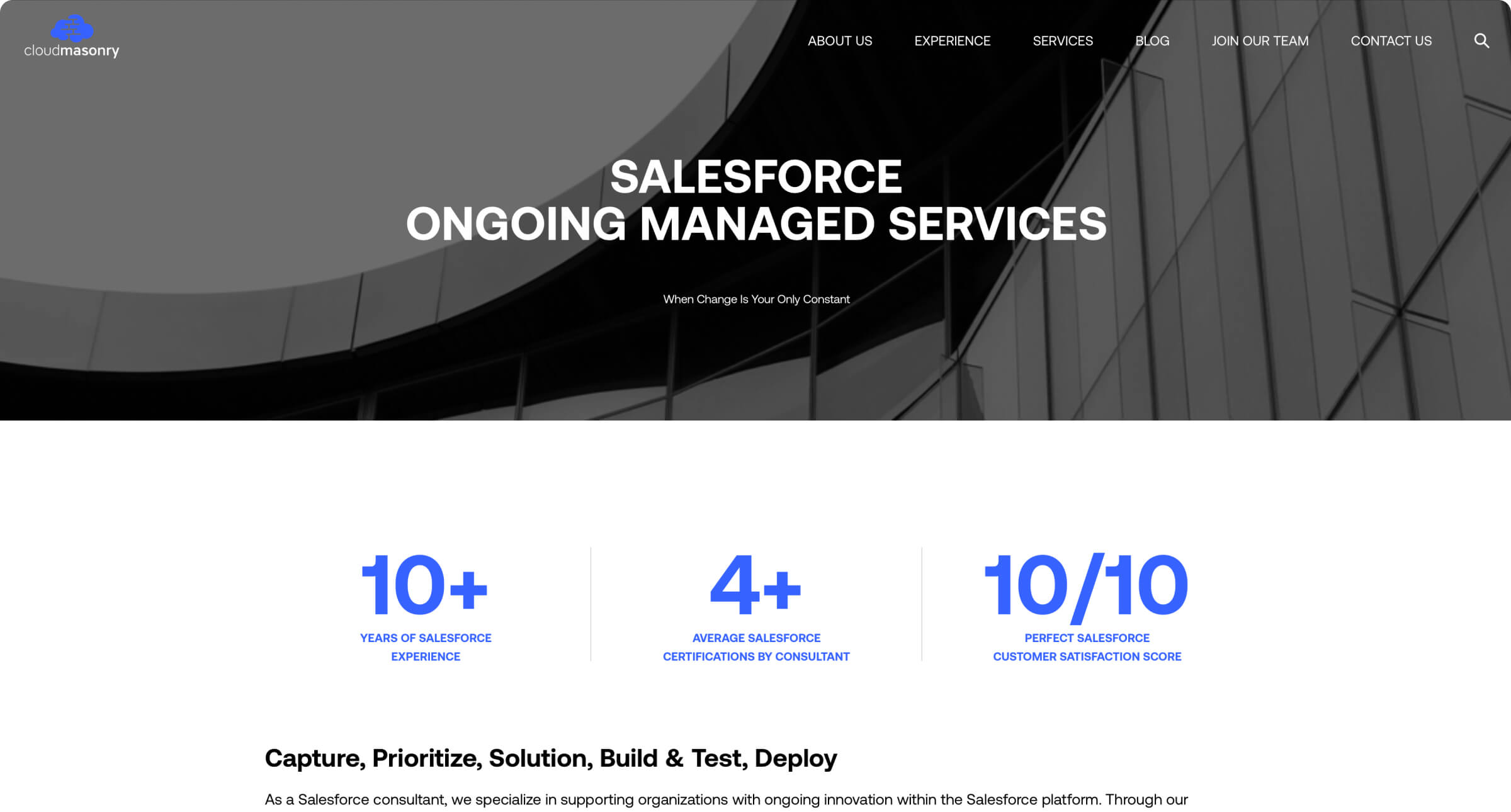 CloudMasonry managed services page with experience and customer satisfaction highlights