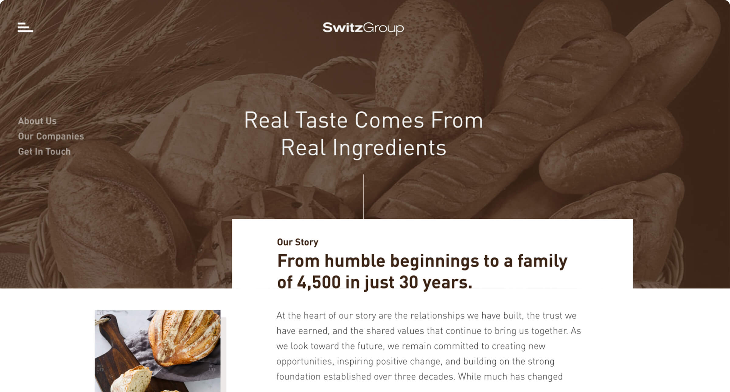 Switz Group homepage with bakery photography and the company story