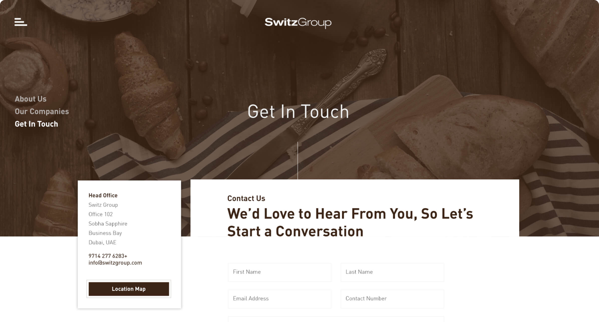 Switz Group contact page with office information and an enquiry form